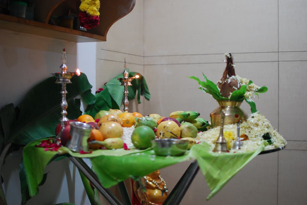 Navratri ghatasthapana with kalash, lamps and sacred offerings